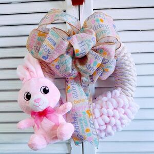 Hand Crafted Happy Easter Ribbon Pink Bunny Rabbit Loop Yarn & Rope Wreath 12"